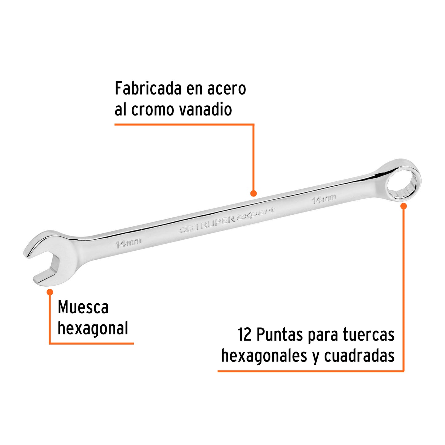 Llave combinada extralarga 14 mm con muesca hexagonal