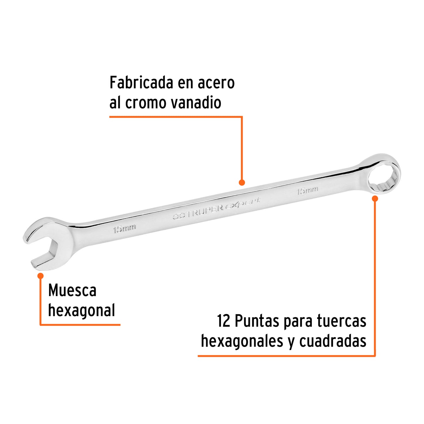 Llave combinada extralarga 15 mm con muesca hexagonal