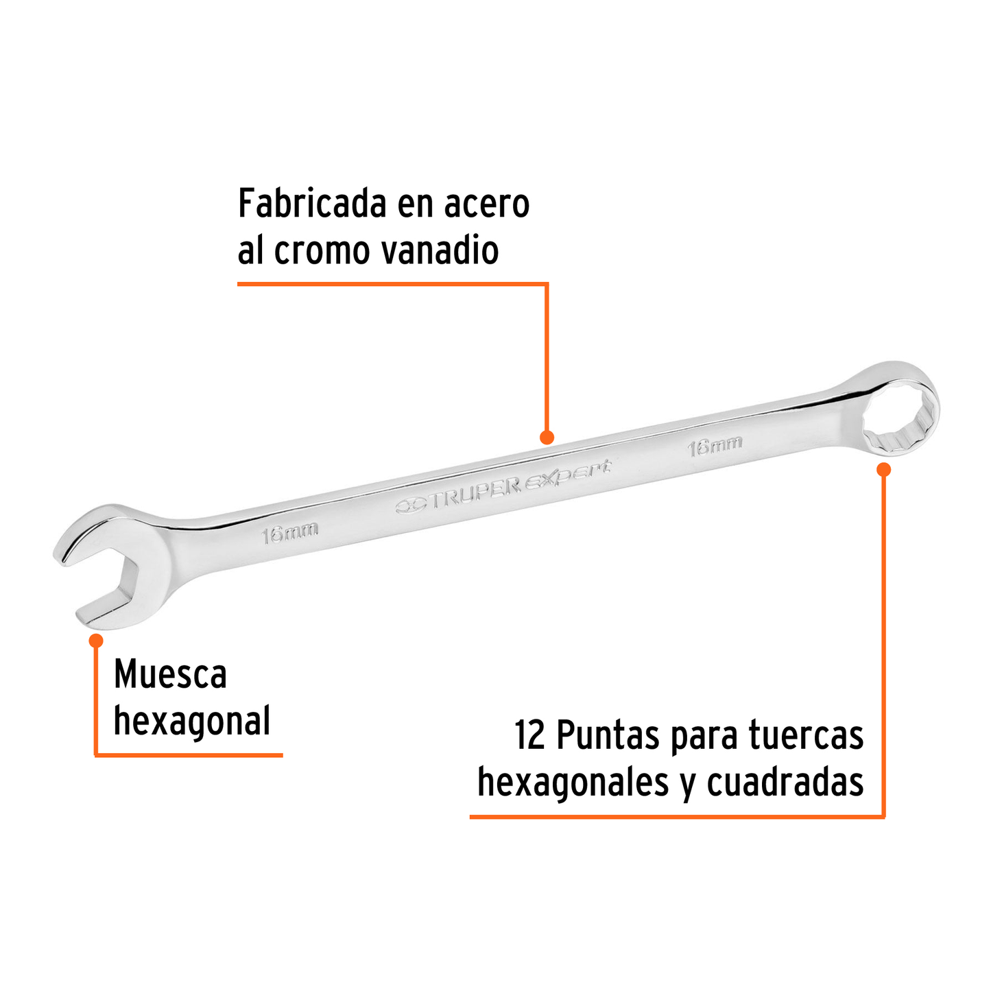 Llave combinada extralarga 16 mm con muesca hexagonal