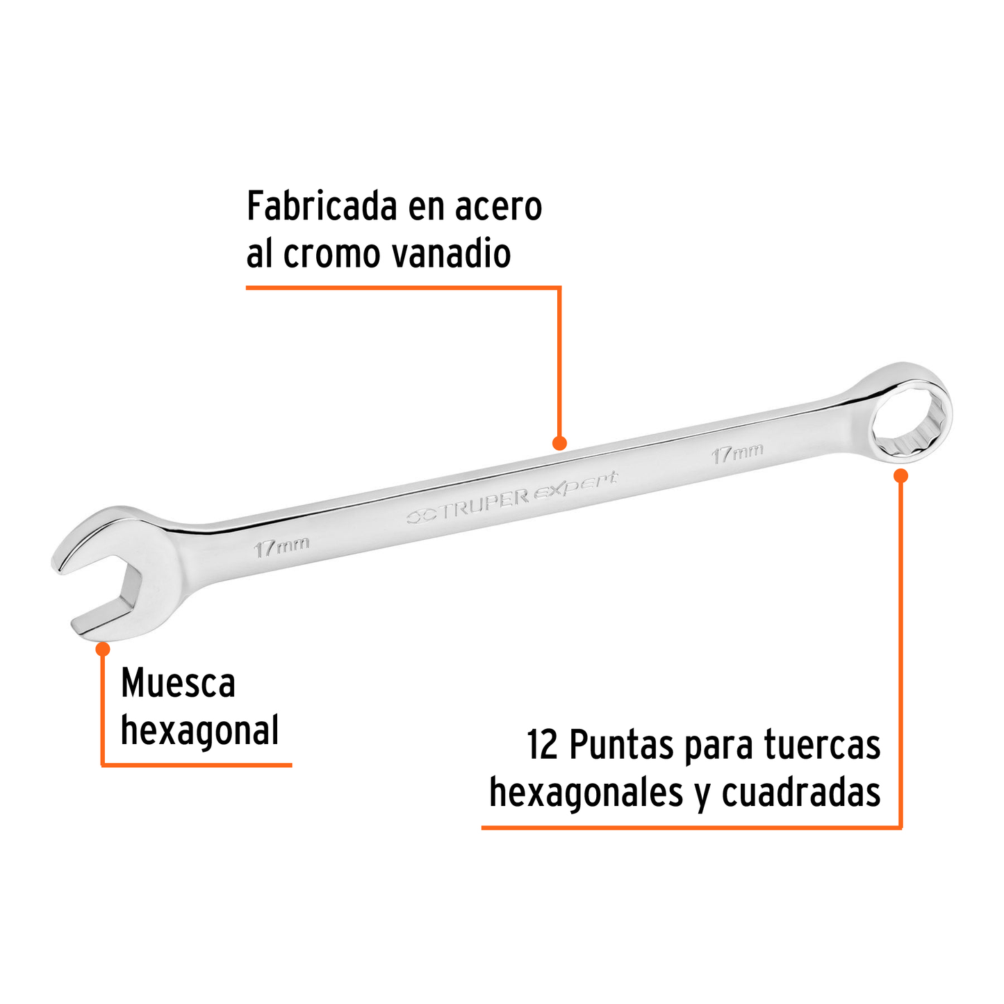 Llave combinada extralarga 17 mm con muesca hexagonal
