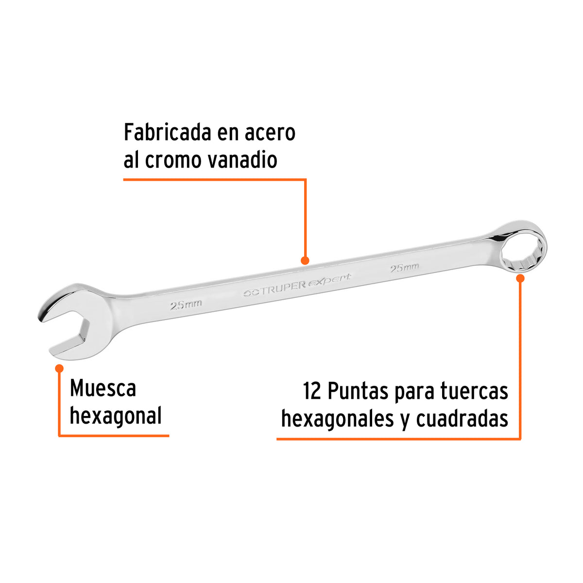 Llave combinada extralarga 25 mm con muesca hexagonal