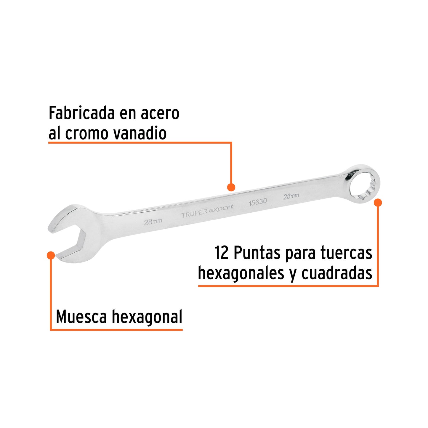 Llave combinada extralarga 28 mm con muesca hexagonal
