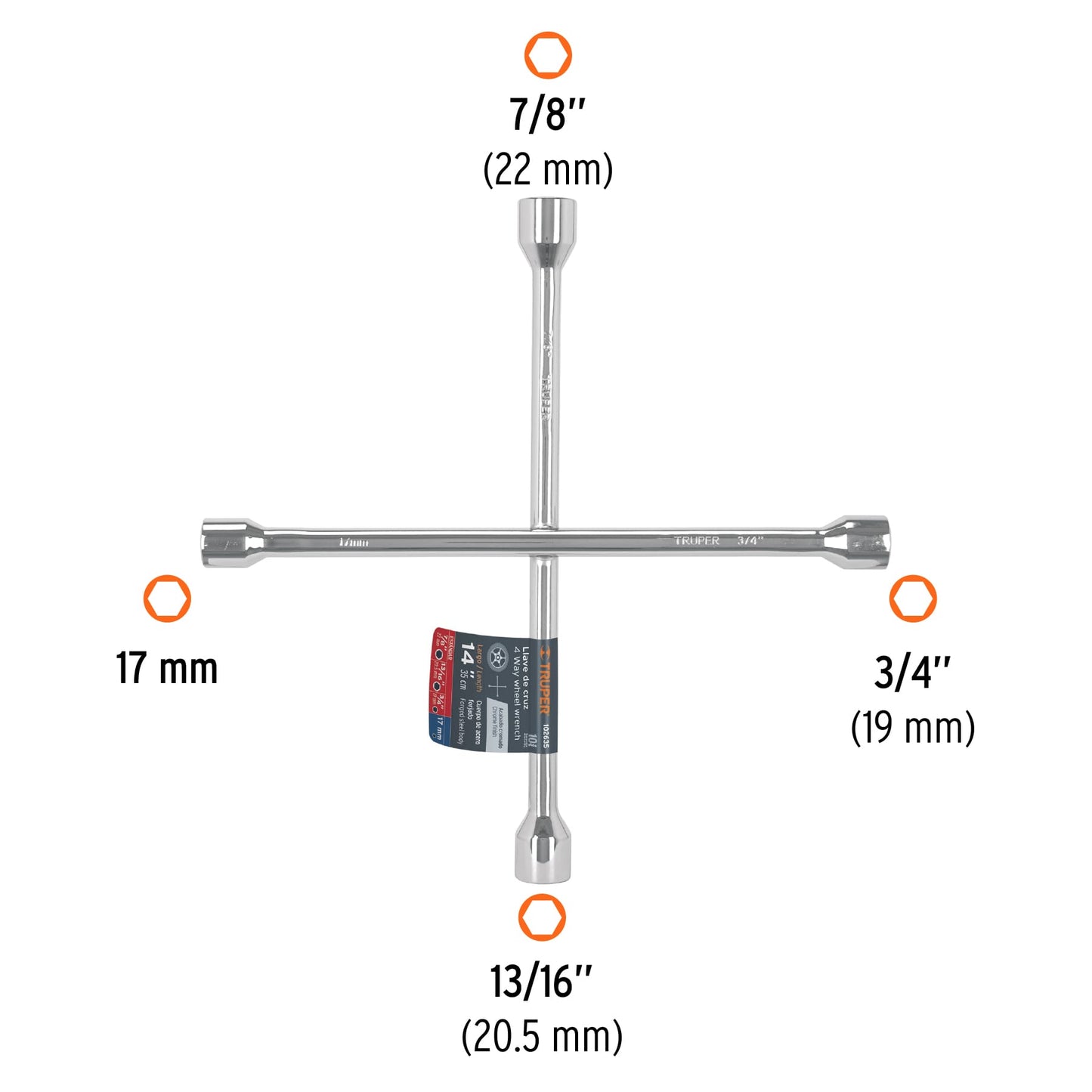 Llave de cruz de 35 cm pulida y cromada