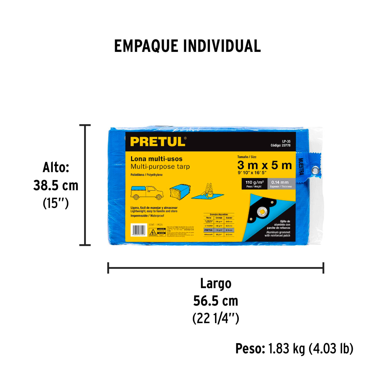 Lona de polietileno 3 x 5 m, azul, 110 g/m2 · vista 4