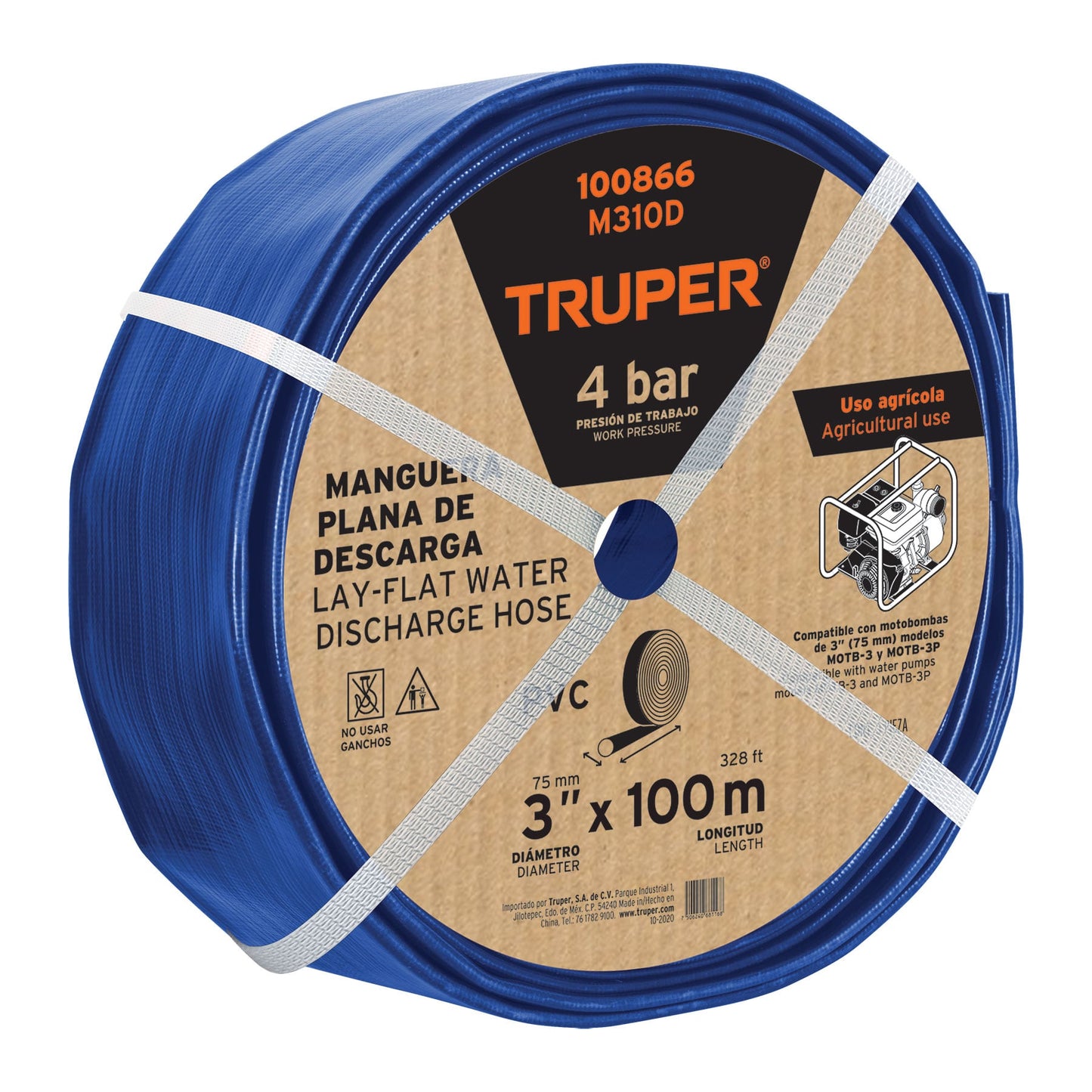 Rollo de manguera plana de 3 pulgadas por 100 m de descarga para motobomba