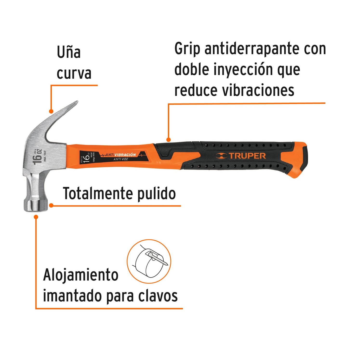 Martillo de uña curva de 16 oz con mango de fibra de vidrio