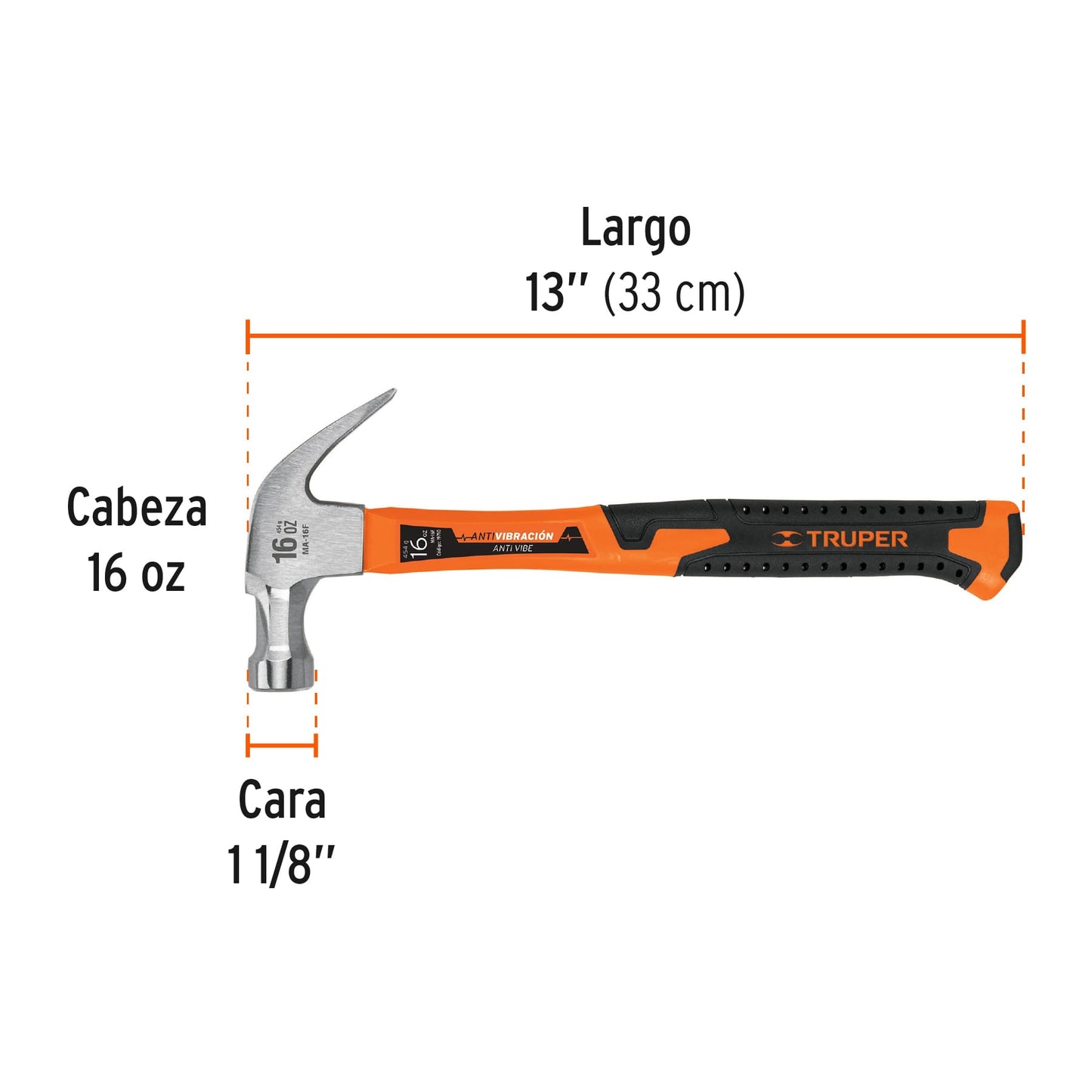 Martillo de uña curva de 16 oz con mango de fibra de vidrio