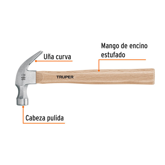 Martillo pulido de 16 oz con uña curva y mango de madera