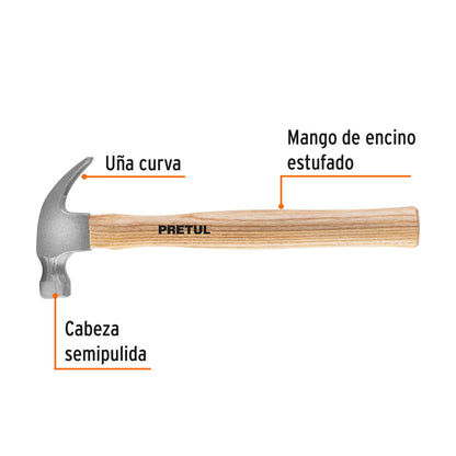 Martillo semipulido de 7 oz con uña curva y mango de madera