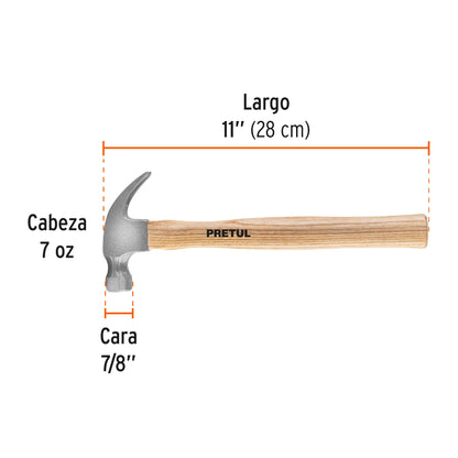Martillo semipulido de 7 oz con uña curva y mango de madera