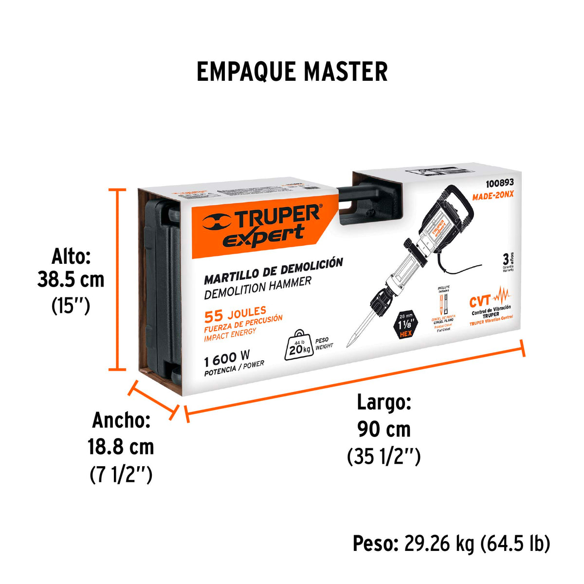 Martillo demoledor HEX 20 kg 55J 1600W - SKU 100893