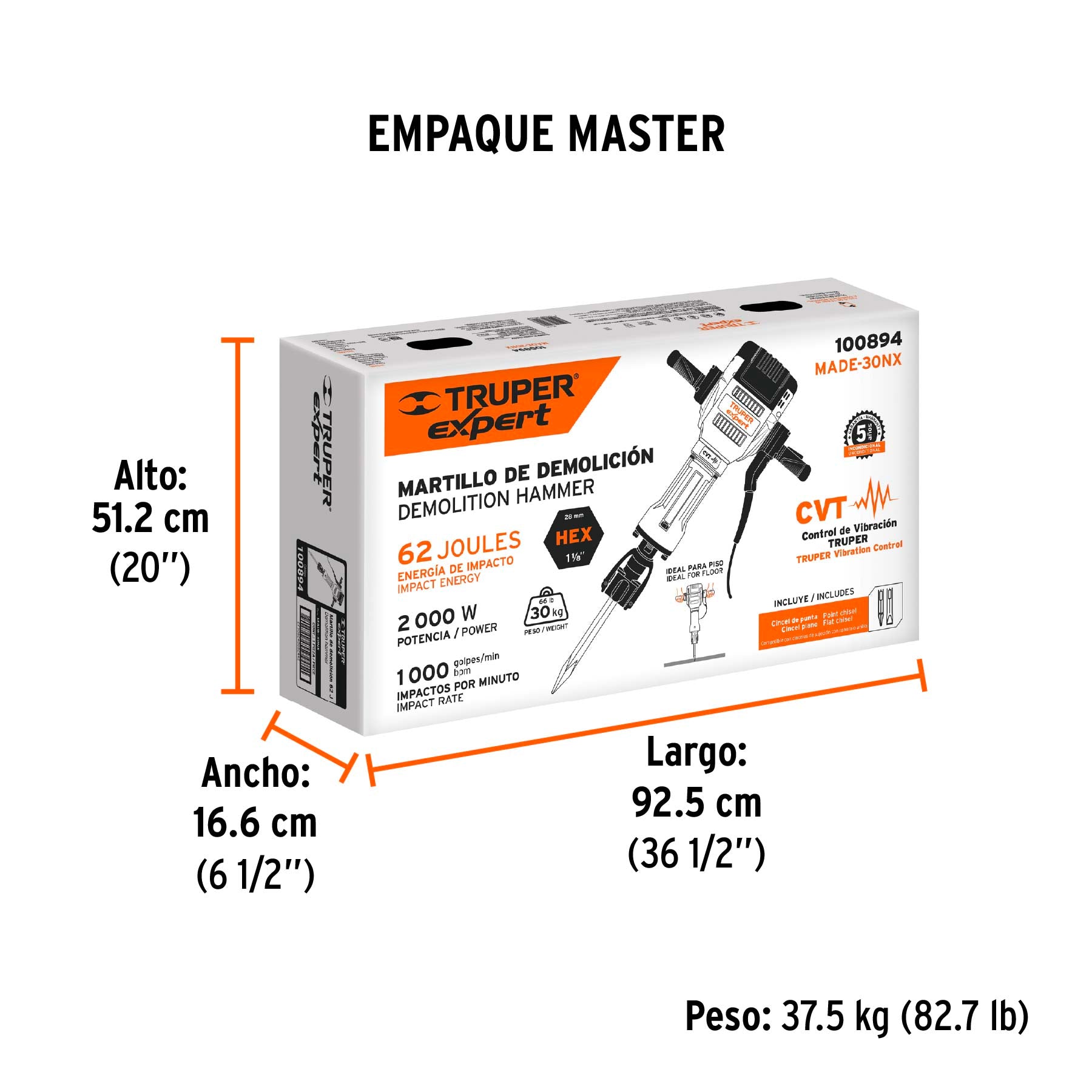 Martillo demoledor HEX 30 kg 62J 2000W - SKU 100894