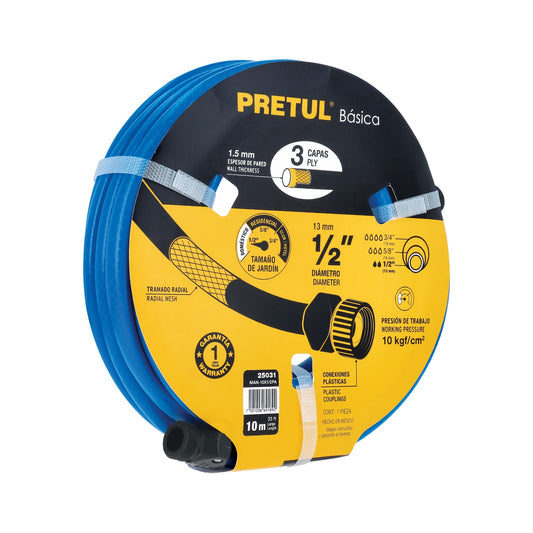 Manguera azul de 1/2" con 3 capas y 10 m de largo con conexiones plásticas