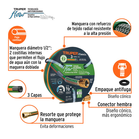 Manguera reforzada de 1/2" y 10 m con 3 capas y conexiones metálicas
