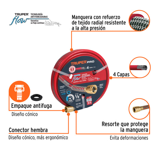 Manguera super reforzada de 1/2" y 15 m con 4 capas y conexiones metálicas