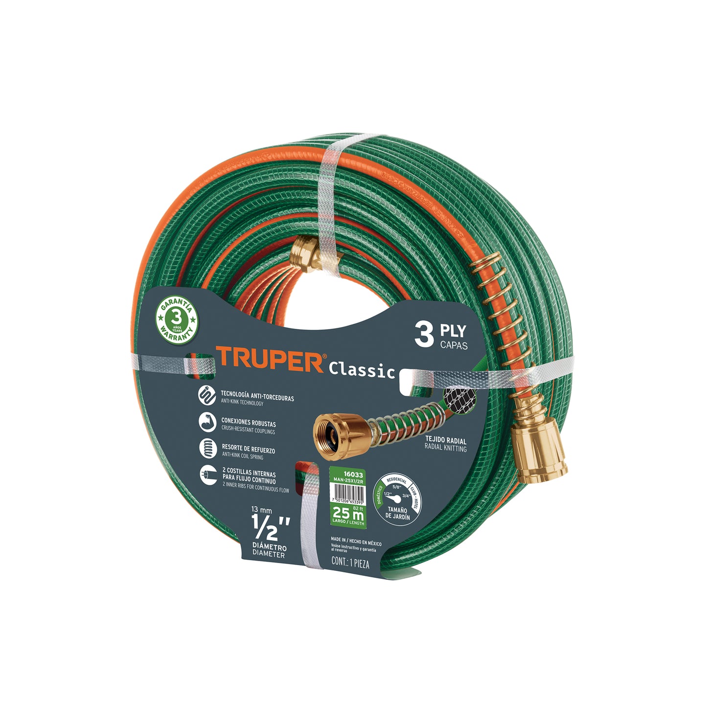 Manguera reforzada de 1/2" y 25 m con 3 capas y conexiones metálicas
