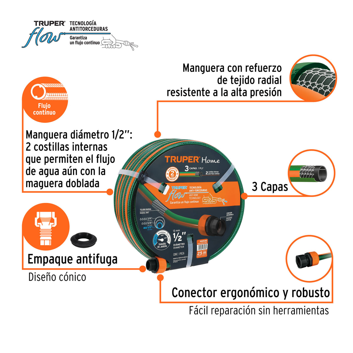Manguera 1/2" reforzada 3 capas 25 m conexiones plásticas · vista 2