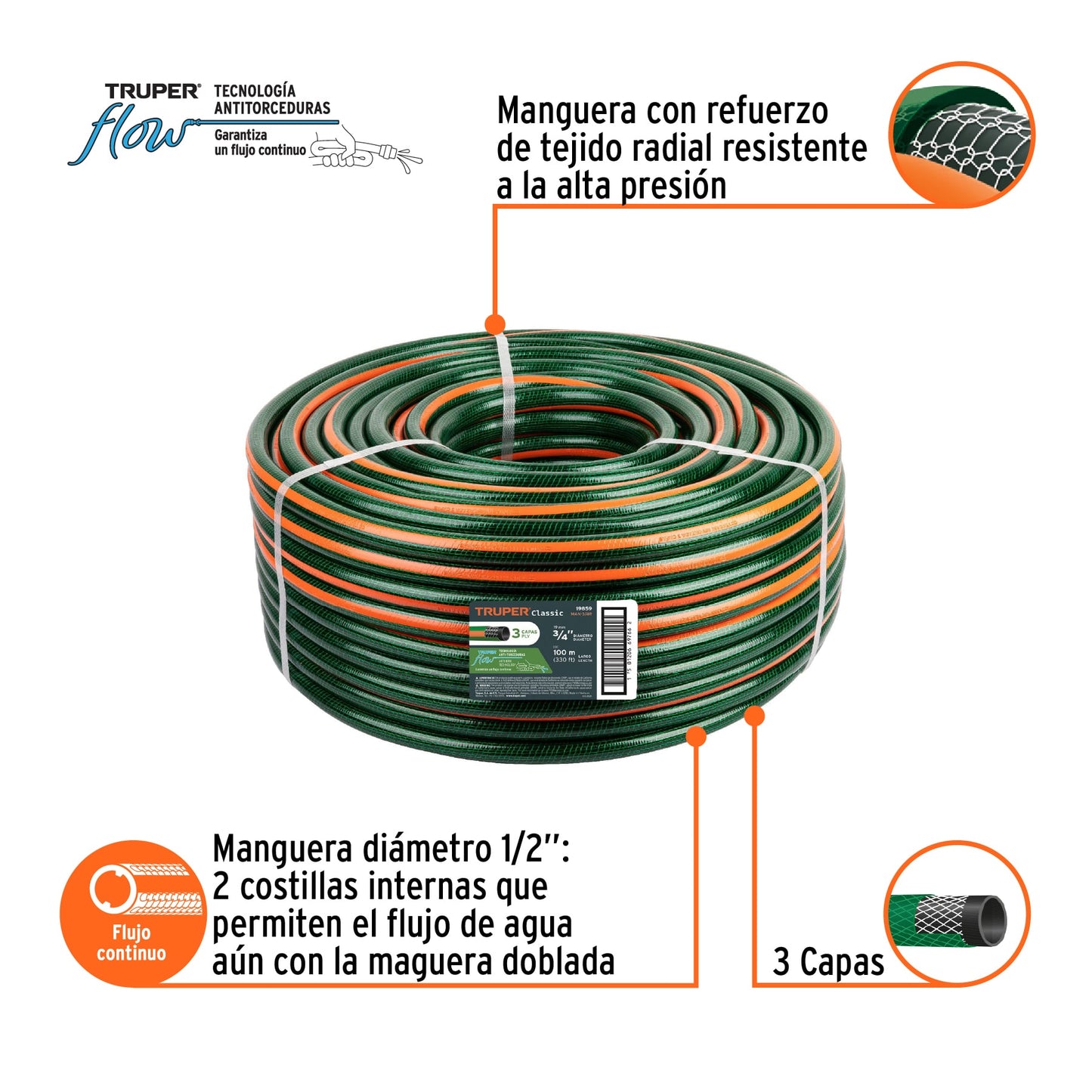 Metro de manguera de 3/4" con 3 capas en rollo de 100 m