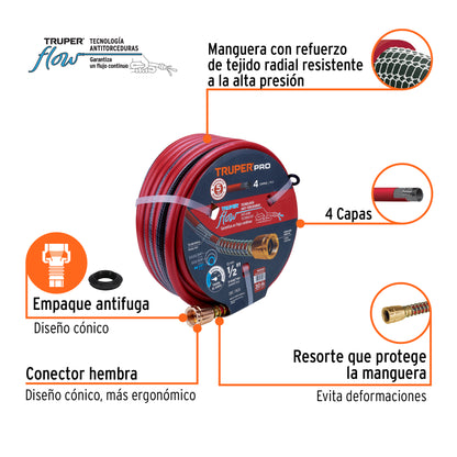 Manguera 1/2" super reforzada 4 capas 30 m conexiones metal · vista 2