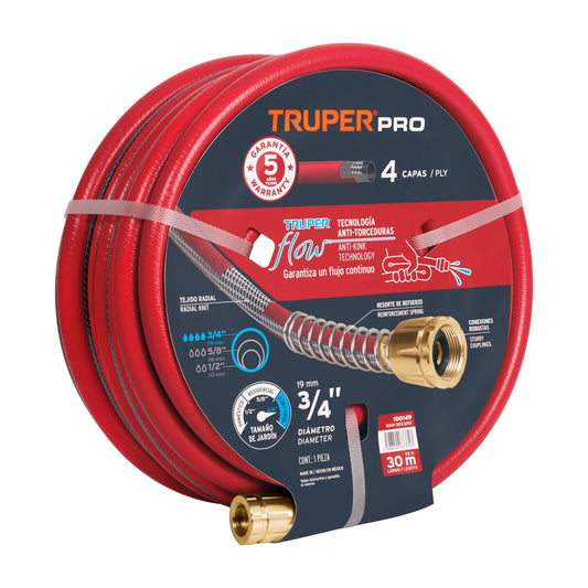 Manguera super reforzada de 3/4" y 30 m con 4 capas y conexiones metálicas
