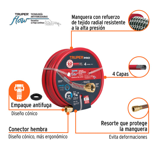 Manguera super reforzada de 3/4" y 30 m con 4 capas y conexiones metálicas