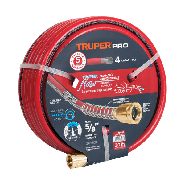 Manguera super reforzada de 5/8" y 30 m con 4 capas y conexiones metálicas TRUPER