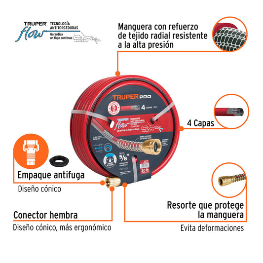 Manguera super reforzada de 5/8" y 30 m con 4 capas y conexiones metálicas