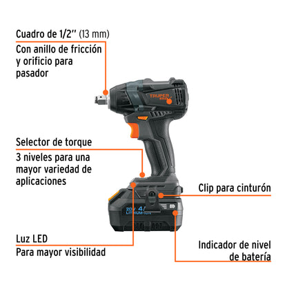 Llave de impacto inalámbrica de 1/2 in con batería 20 V y tres velocidades