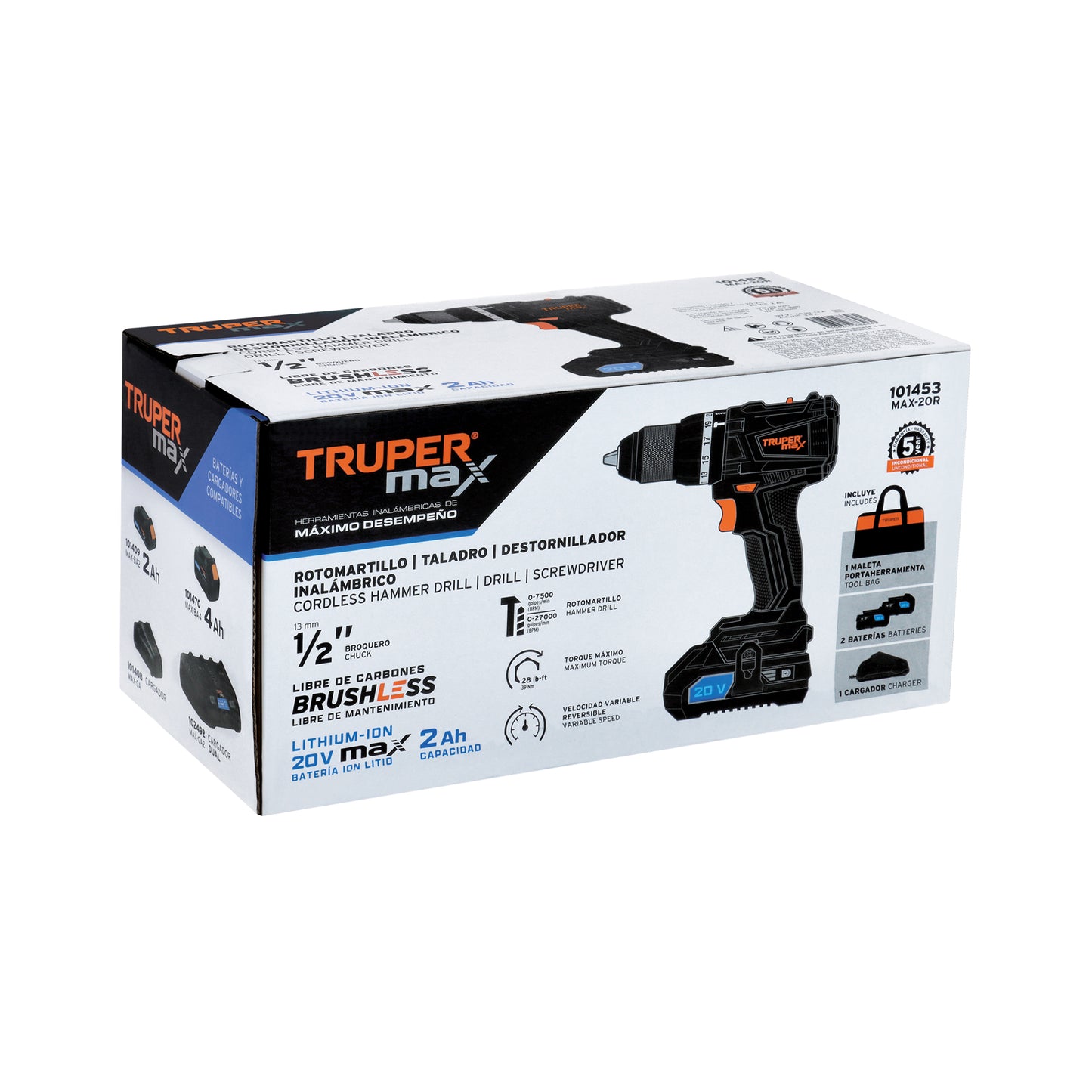 Rotomartillo inalámbrico de 1/2 in con batería 20 V y dos velocidades