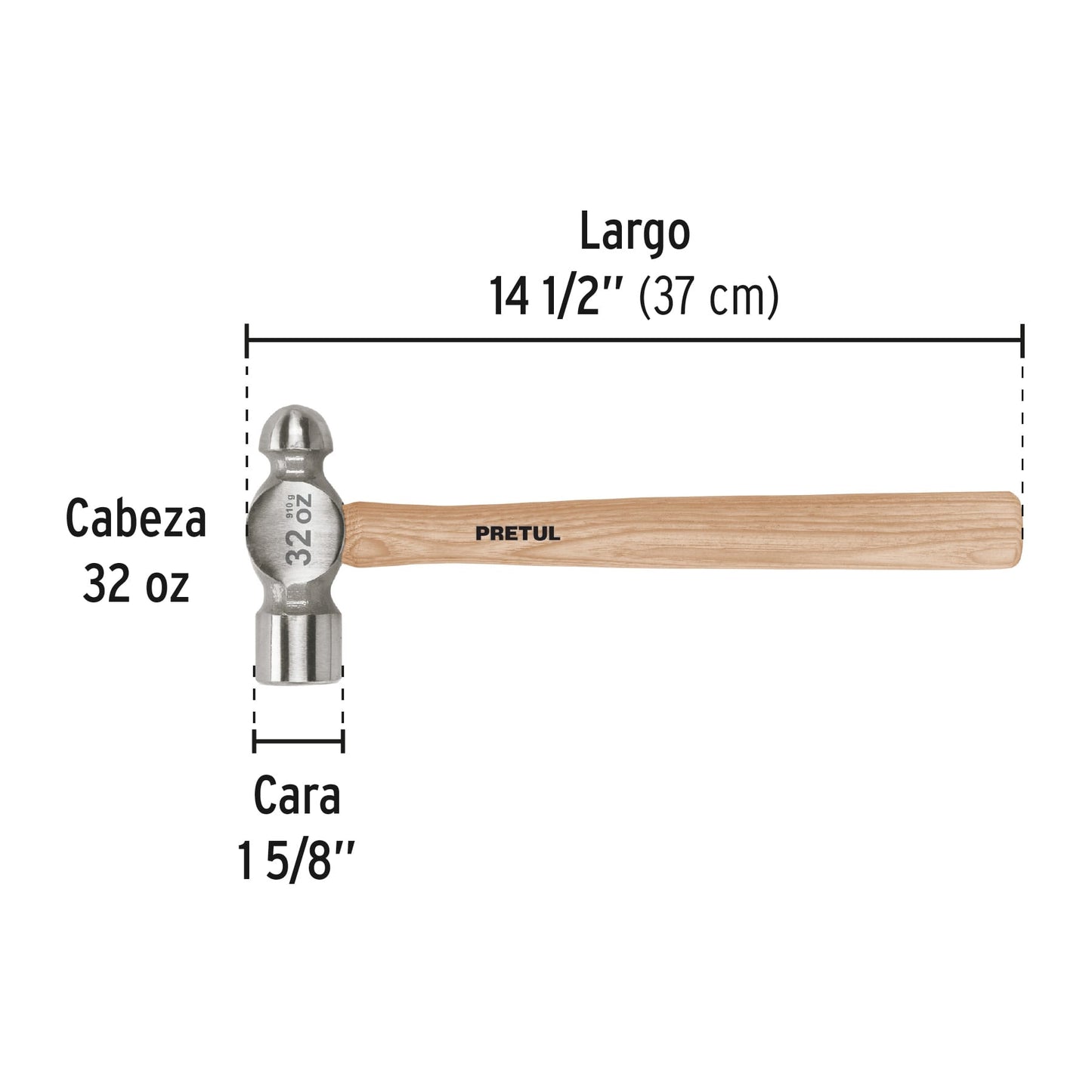 Martillo de bola pulido de 32 oz con mango de madera