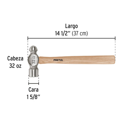 Martillo de bola pulido de 32 oz con mango de madera