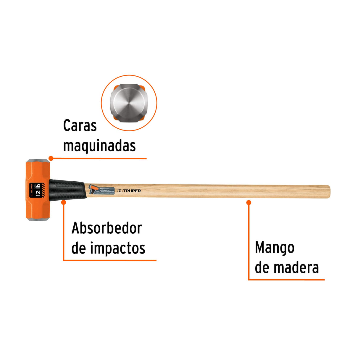 Marro octagonal de 12 libras con mango de madera de 90 cm