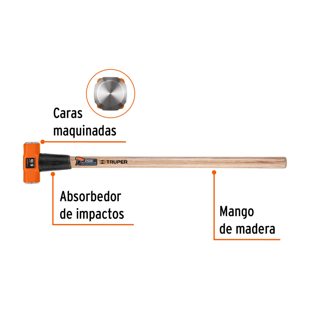 Marro octagonal de 6 lb con mango de madera de 90 cm