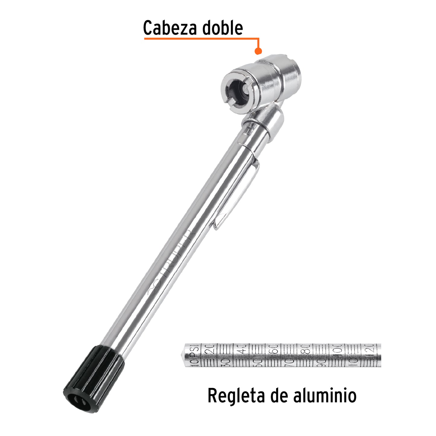 Calibrador de presión para llantas de 160 PSI con cabeza doble y clip