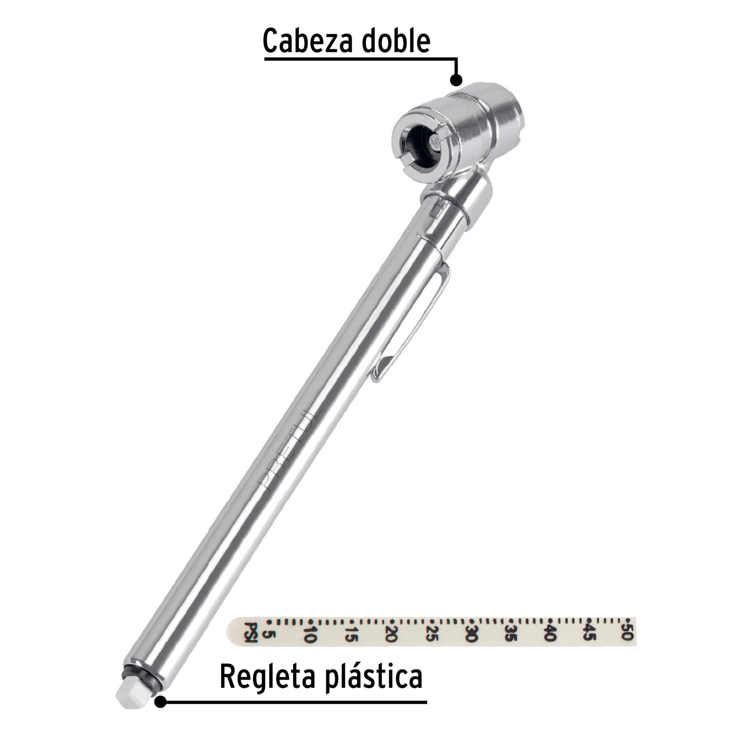 Calibrador de presión para llantas de 50 PSI con cabeza doble