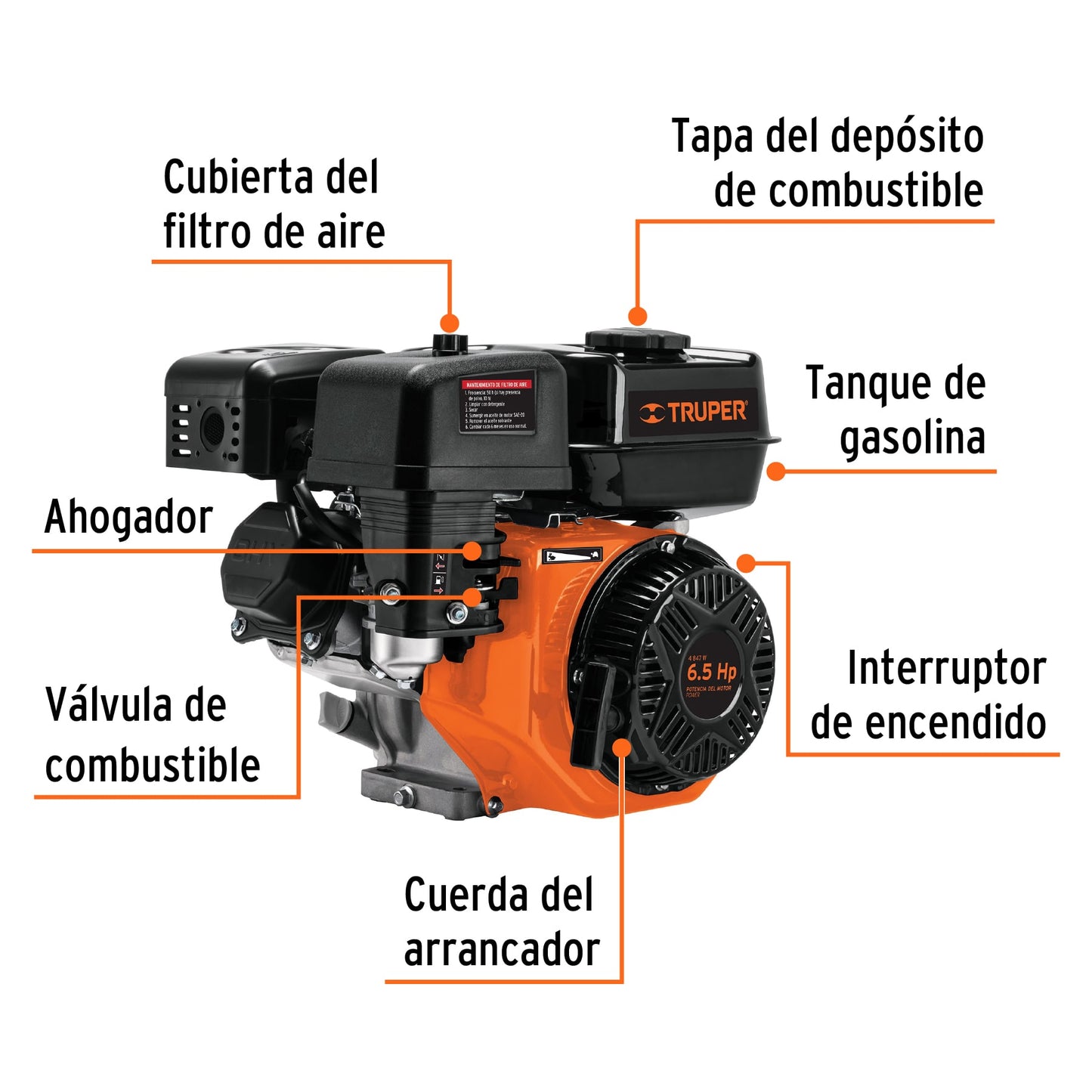 Motor a gasolina de 6.5 HP con sensor de aceite y arranque manual