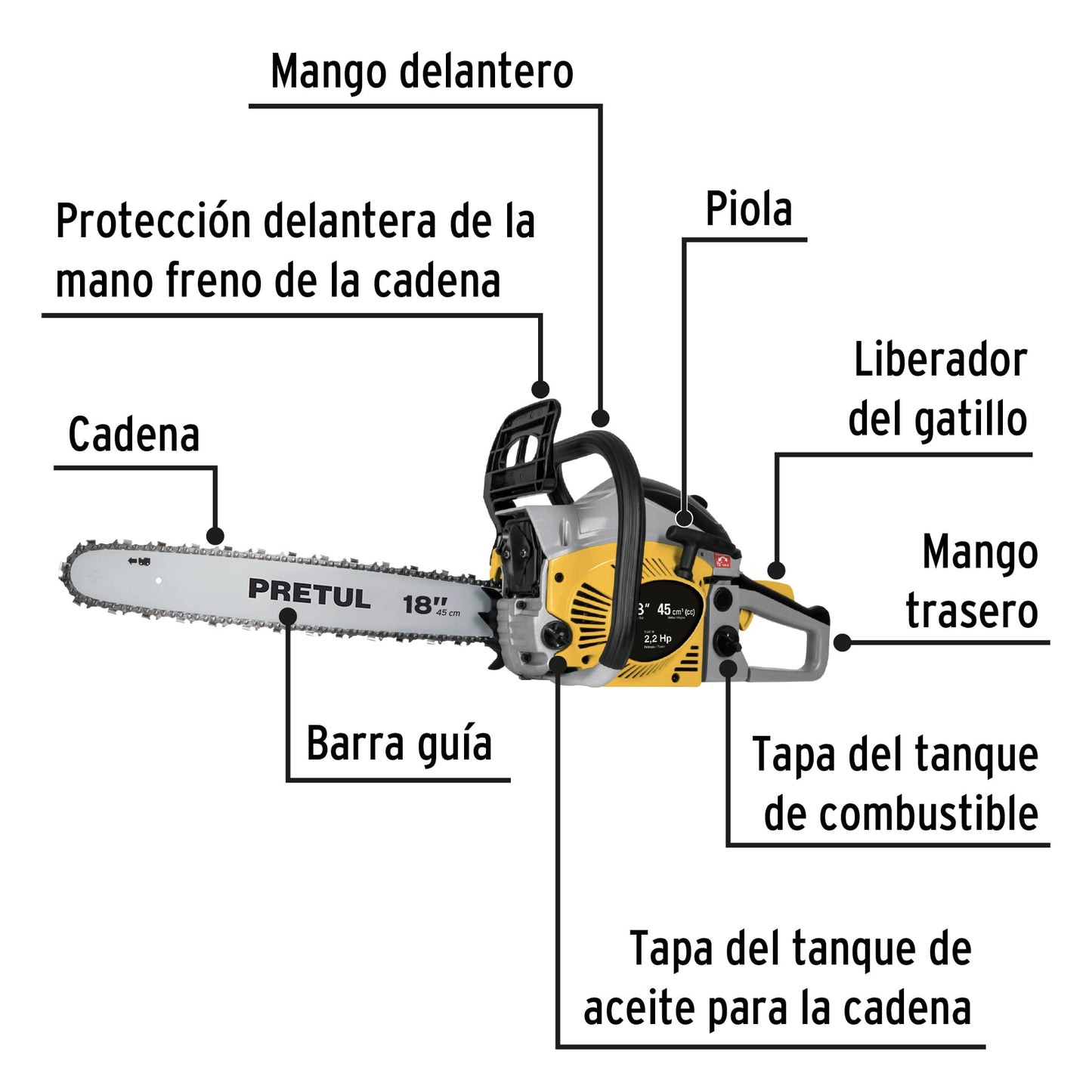 Motosierra a gasolina de 45 cc con barra de 18"