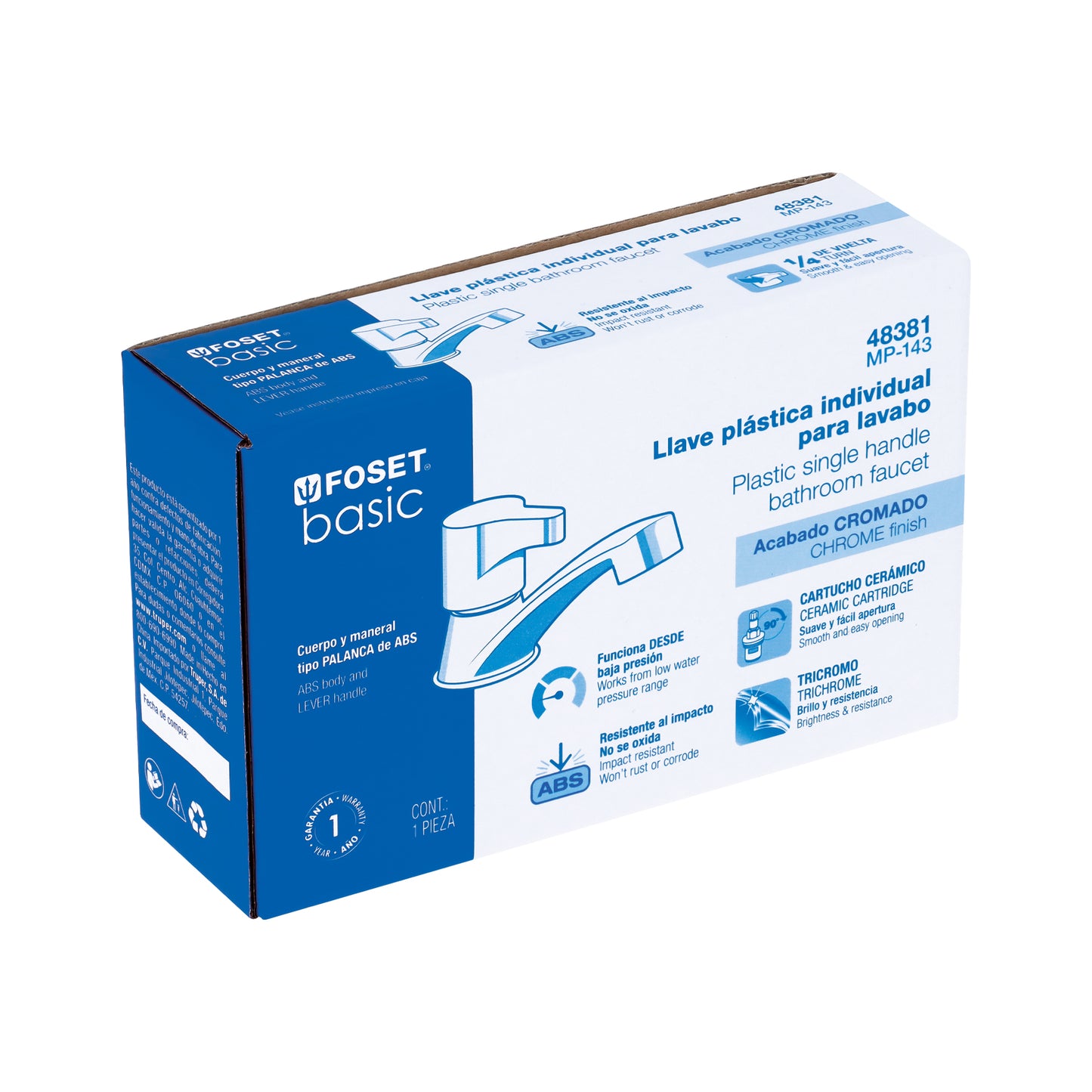 Llave individual para lavabo de ABS con maneral tipo palanca y cartucho cerámico