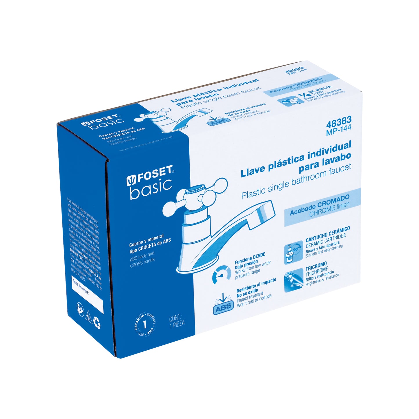 Llave individual para lavabo de ABS con maneral tipo cruceta y cartucho cerámico