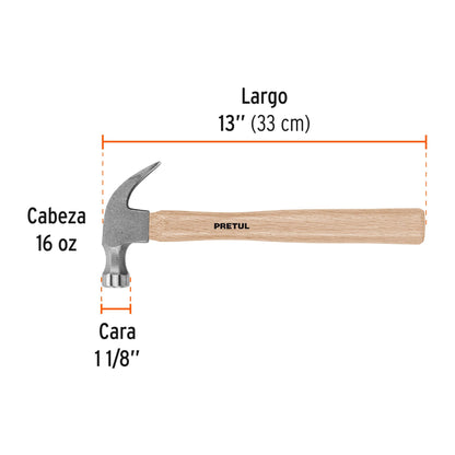 Martillo semipulido de 16 oz con uña curva