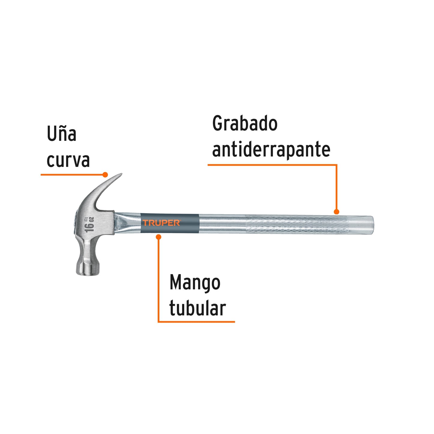Martillo tubular pulido de 16 oz con uña curva