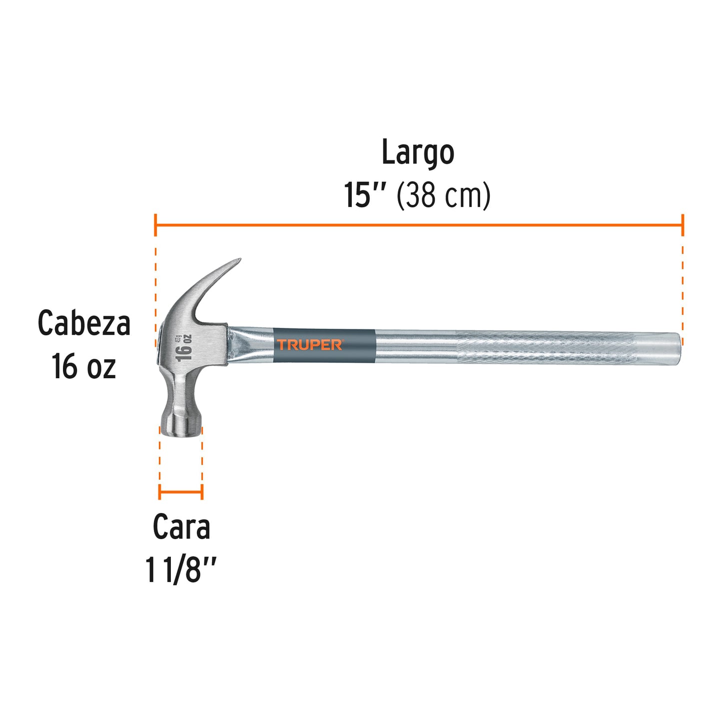 Martillo tubular pulido de 16 oz con uña curva