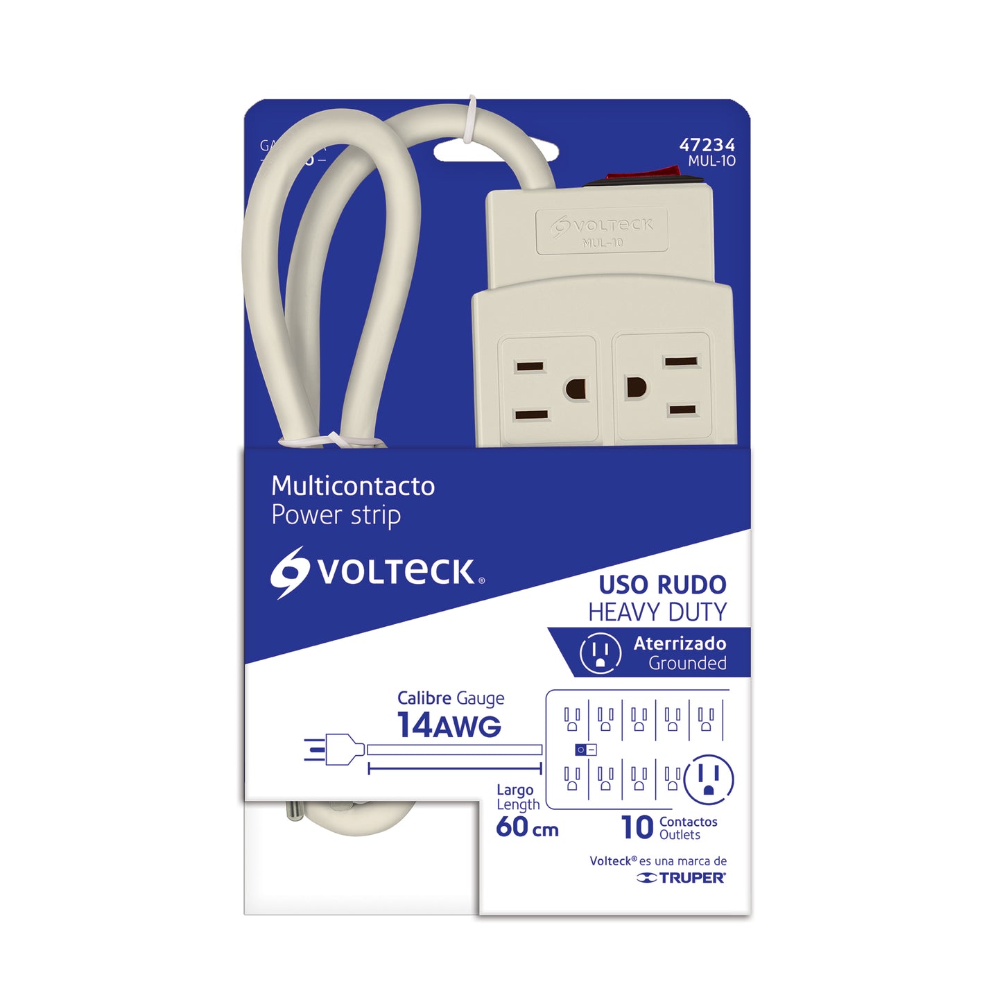 Regleta multicontacto de 10 entradas calibre 14 AWG para uso rudo