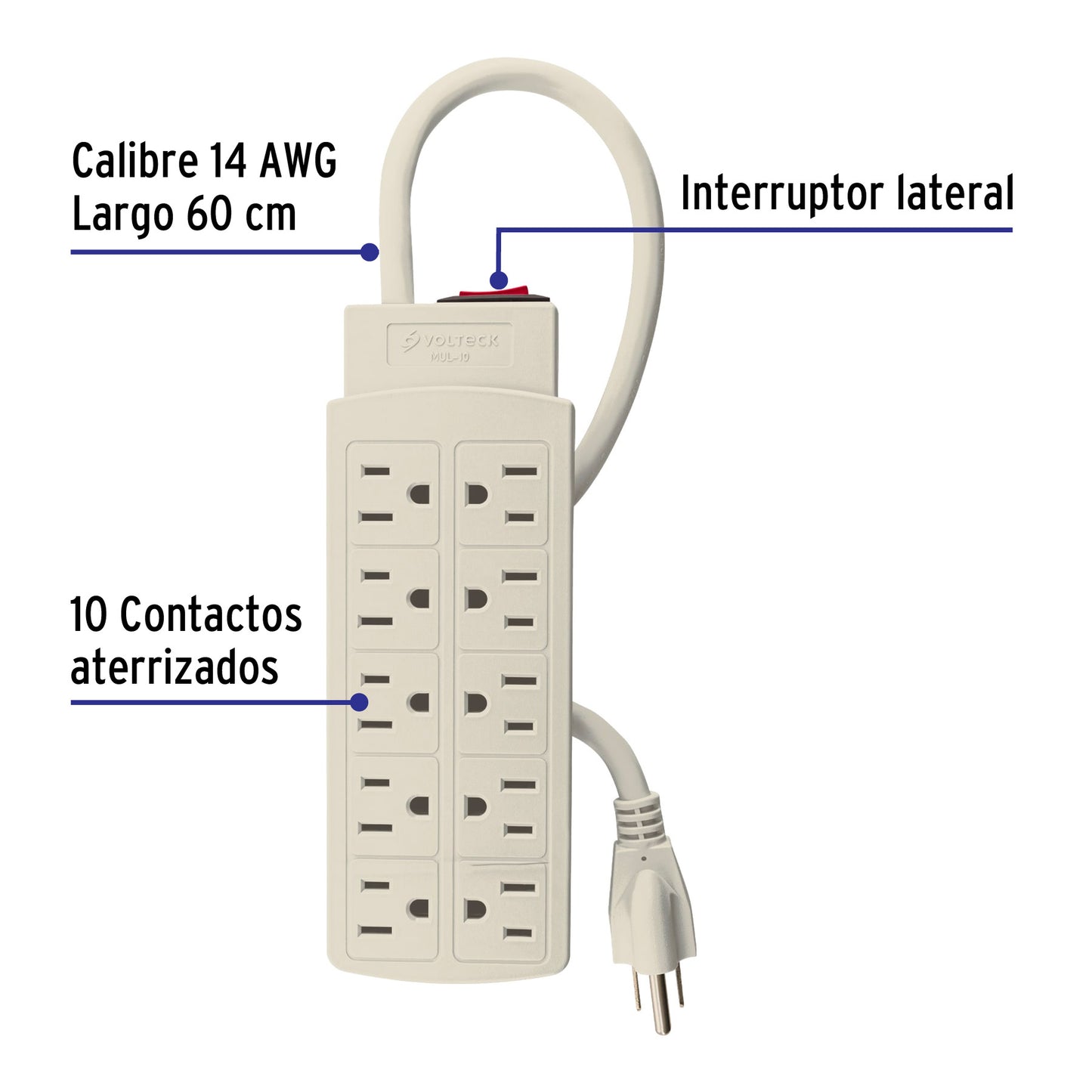 Regleta multicontacto de 10 entradas calibre 14 AWG para uso rudo