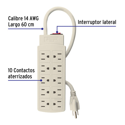 Regleta multicontacto de 10 entradas calibre 14 AWG para uso rudo