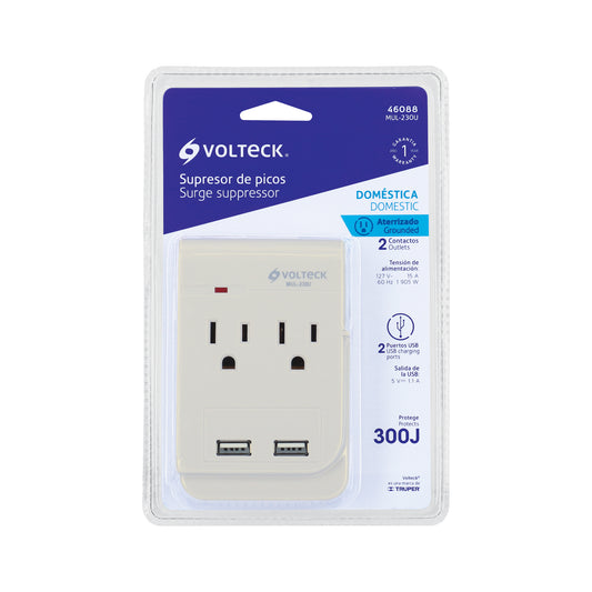 Multicontacto de 4 entradas con 2 puertos USB de 127 V y 15 A con protección de 300 J
