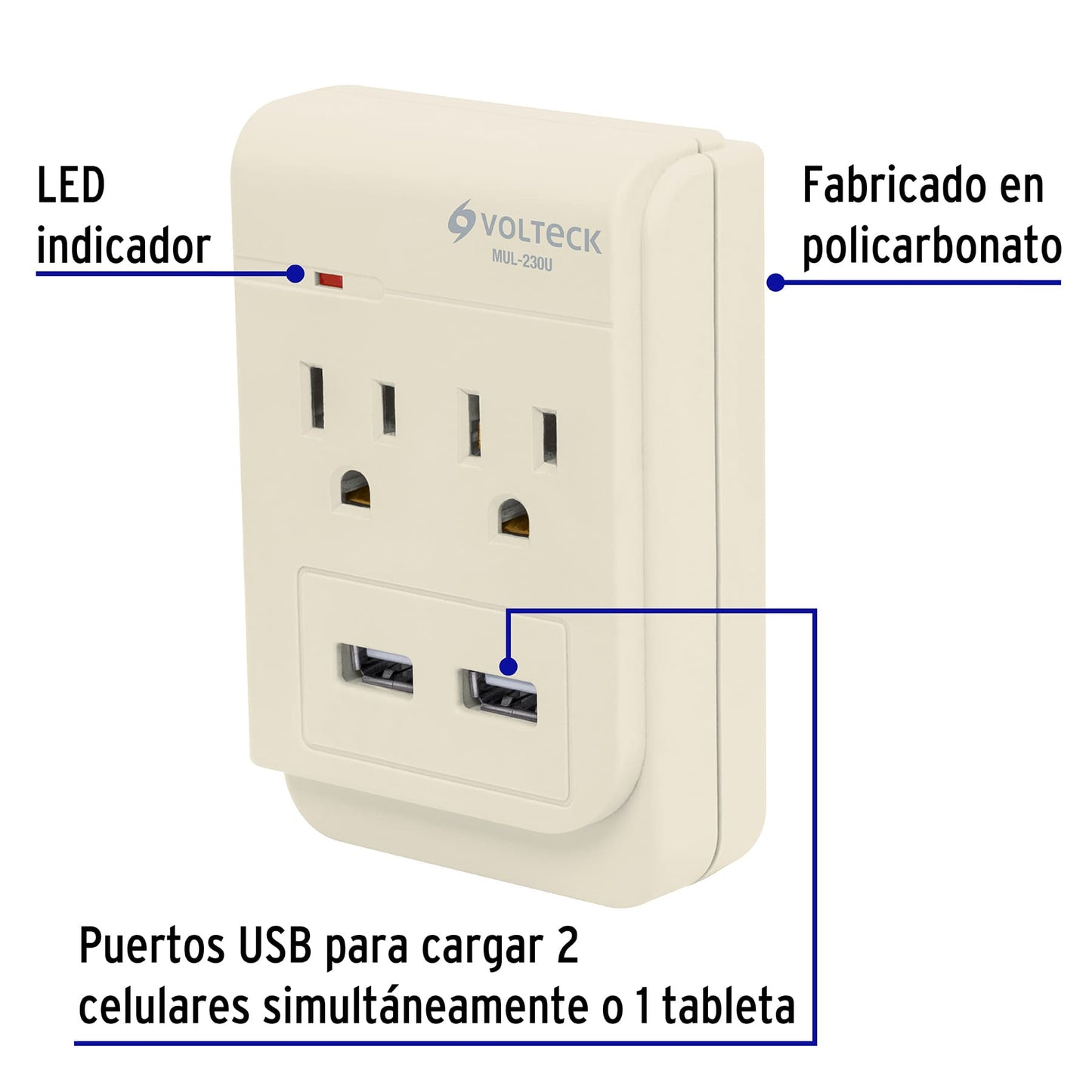 Multicontacto de 4 entradas con 2 puertos USB de 127 V y 15 A con protección de 300 J