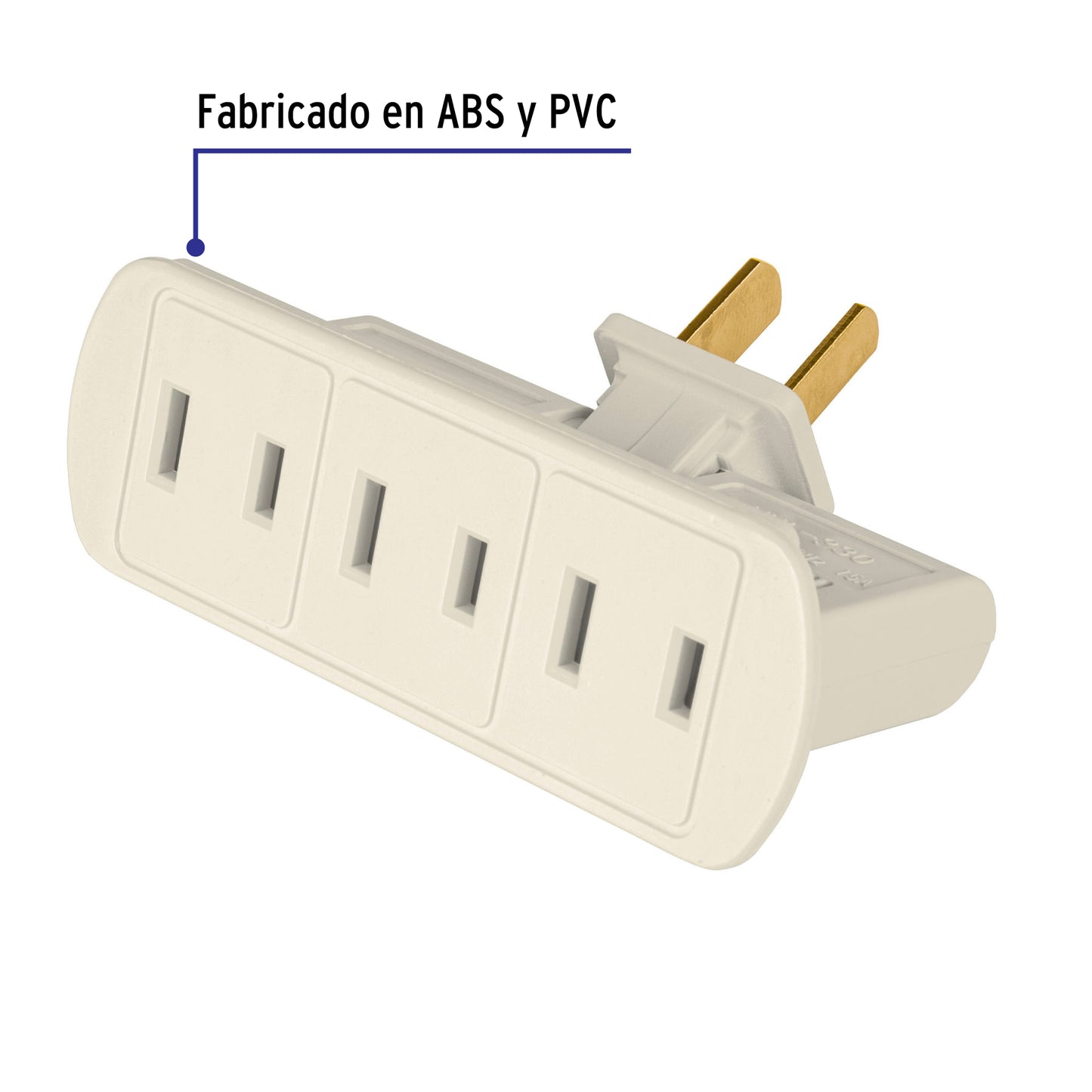 Multicontacto triple tipo bisagra de 127 V y 15 A con cuerpo abatible a 180°