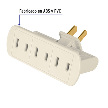 Multicontacto triple tipo bisagra de 127 V y 15 A con cuerpo abatible a 180°