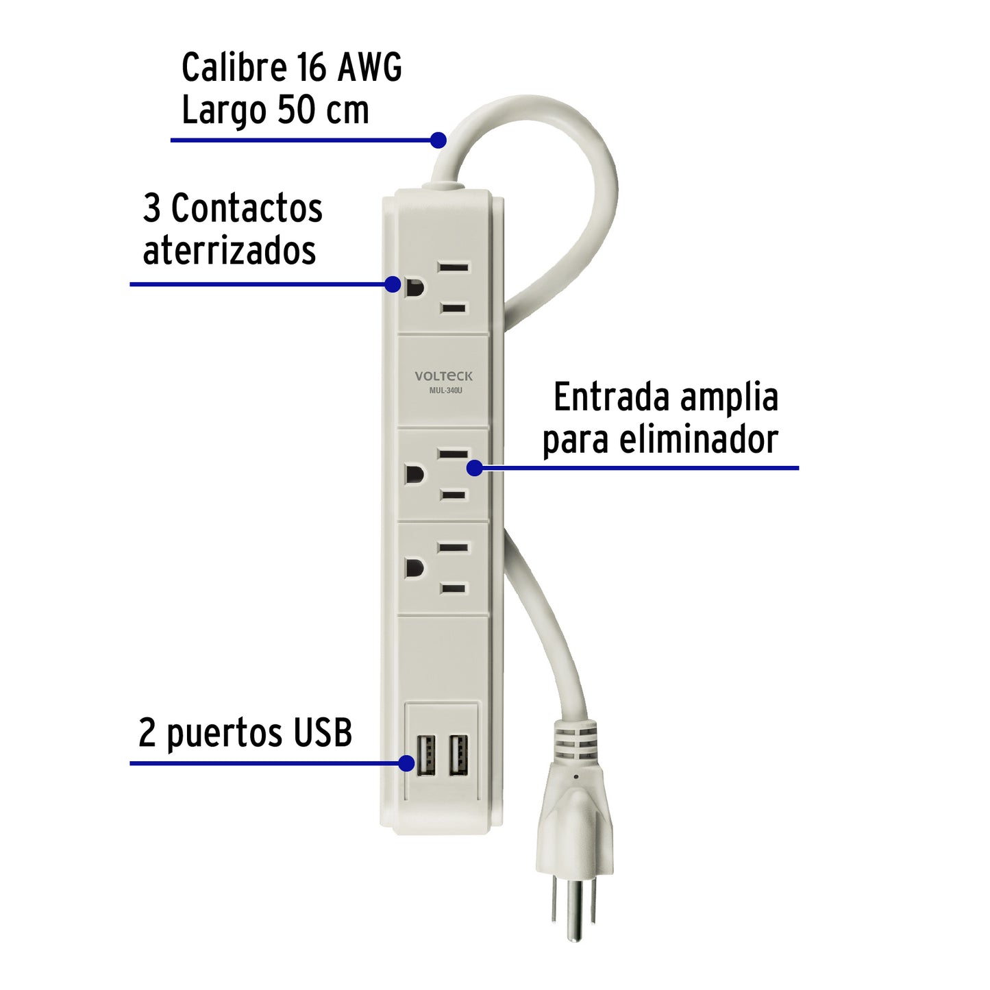 Regleta multicontacto de 3 entradas con 2 puertos USB y supresor de 300 joules